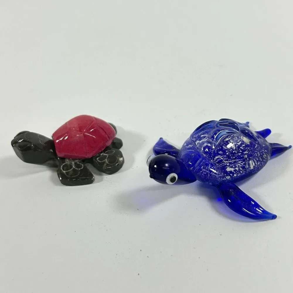 Miniature Turtle Figurine Lot Hand Blown Cobalt Blue Glass & Carved Stone